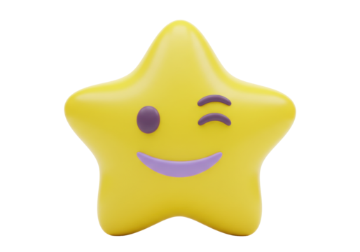Isolated yellow star emoji with a winking face, cartoon character with smiling expression