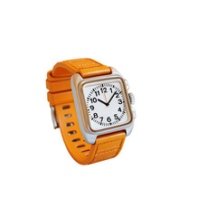 Orange wrist watch with square white face