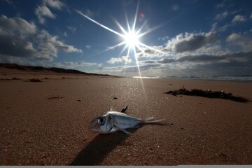 Washed Up Fish on Sandy Beach Under Bright Sun Low Angle Close Up Nature Photography
