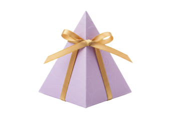 Isolated fancy purple pyramid gift box with gold ribbon for presents, birthday, parties, weddings