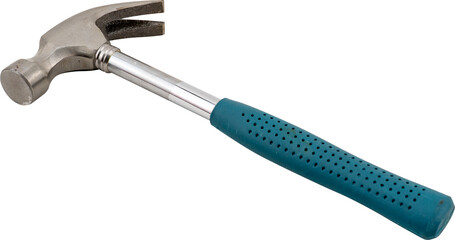 A close-up of a sturdy hammer with a teal handle on a white background.