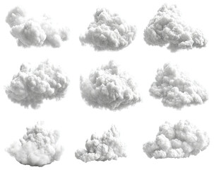 Nine fluffy white cloud clusters set against a black backdrop