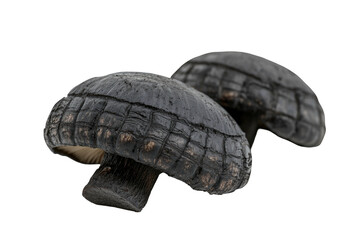 Two dark, furrowed mushrooms against a black background