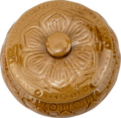 Elegant brown ceramic bowl with floral design and lid.