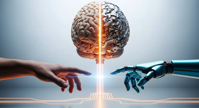 A human hand and a robotic hand connecting with a digital brain, symbolizing a brain-computer interface or AI symbiosis.