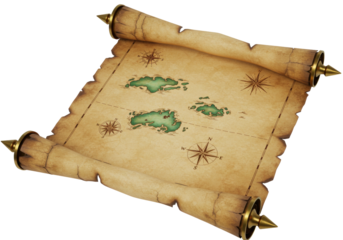 Isolated old paper scroll map with islands, navigation compasses and bronze end caps