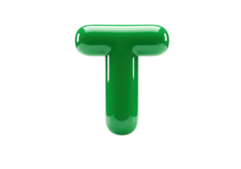 Isolated bright green letter T stands upright, rounded ends, light reflecting off surface
