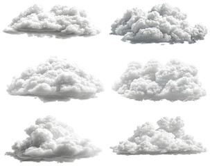 Six fluffy, puffy, voluminous cumulus clouds on black