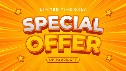 Special Offer banner vector template with orange-yellow comic sunburst background, up to 80% off, text effect vector design for sales promotion, shopping, marketing ads, events and websites