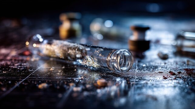 National Methamphetamine Awareness Day. Close-up of a broken glass meth pipe on a dark table beside police evidence markers, dramatic lighting, concept of drug addiction and law enforcement