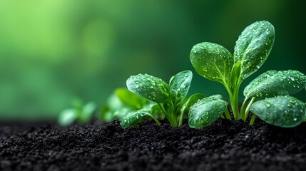 Fresh green seedlings emerging from dark soil in a vibrant garden setting during a sunny day