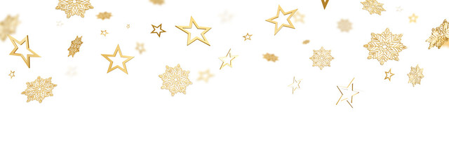 falling gold snowflakes and stars, streamers seamless pattern on transparent background	
