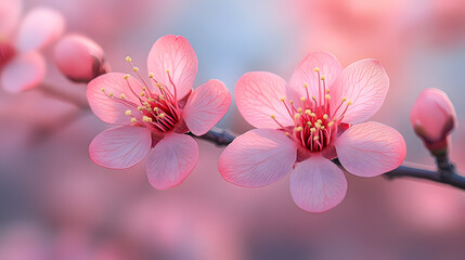 Beautiful pink cherry blossoms blooming in spring sunlight across a soft blurred background of nature