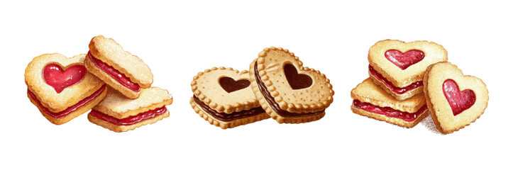 Set of romantic cookies with hearts. Shortbread cookies with chocolate and berry filling in the shape of a heart. Romantic sweets for Valentine's Day. Vector illustration.