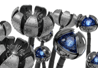 Ultra-detailed macro of futuristic industrial mechanical blossoms and pods with glowing blue AI wiring and carbon fiber stalks, isolated on transparent studio background. Concept of synthetic