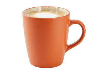 Isolated orange mug filled with coffee or cappuccino ready to drink on the table, no people
