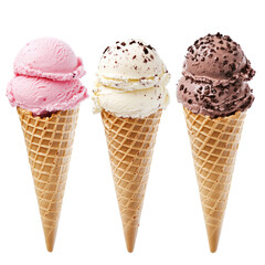 Three ice cream cones pink, vanilla & chocolate
