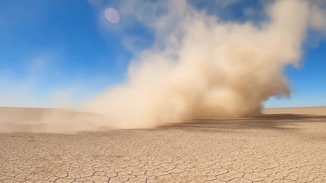 A lone dust devil spins rapidly across a barren, arid landscape under an expansive sky mystery, tracking shot, landscape
