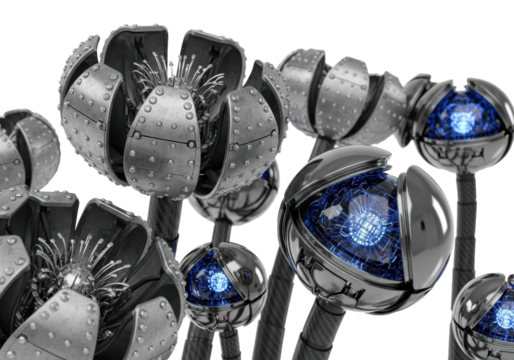 Ultra-detailed macro of futuristic industrial mechanical blossoms and pods with glowing blue AI wiring and carbon fiber stalks, isolated on transparent studio background. Concept of synthetic