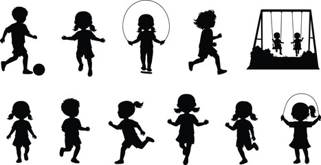 Flat vector, children silhouettes, outdoor activities, kids running, soccer play, jumping rope, swing set, childhood exercise, fitness concept, activity illustration