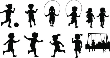 Flat vector, children silhouettes, outdoor activities, kids running, jumping rope, ball play, swing set, childhood play, fitness concept, activity illustration