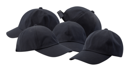 stylish assortment of black baseball caps presented against a black backdrop to show a diverse collection for fashion, sport, and urban lifestyle marketing.