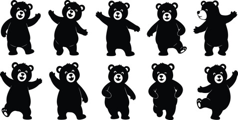 Flat vector, cartoon bear silhouettes, playful animals, cute characters, happy bears, children illustration, fun design, joyful concept, wildlife art, character illustration