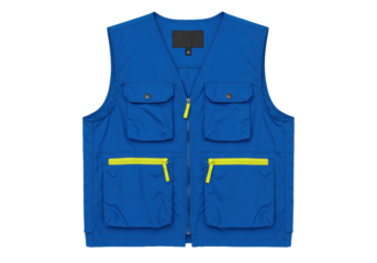 Isolated vest with pockets and zipper, blue nylon streetwear, utility apparel item, casual clothing