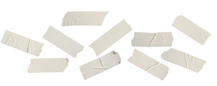 collection of beige masking tape strips, each uniquely shaped and sized, arranged on a black backdrop highlighting versatility for creative projects and crafts.