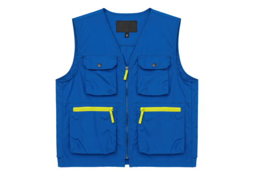 Isolated vest with pockets and zipper, blue nylon streetwear, utility apparel item, casual clothing
