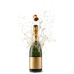 Champagne bottle popping cork with splash isolated on a transparent background