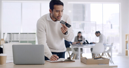Business, man and phone for voice message in office for feedback, schedule update and contact...