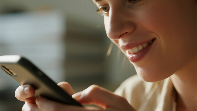 Close-up of a person's subtle, satisfied smile while looking at their smartphone, conveying quiet accomplishment in warm golden hour light