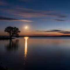 Obraz premium Enchanted Moonlit Waters: A Serene Nighttime Landscape with Ethereal Skies, Reflective Streams, and Subtle Glimmers in a Tranquil, Dreamlike World