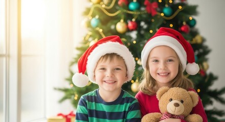 Smiling boy and girl in santa hats with teddy bear near christmas tree at home.