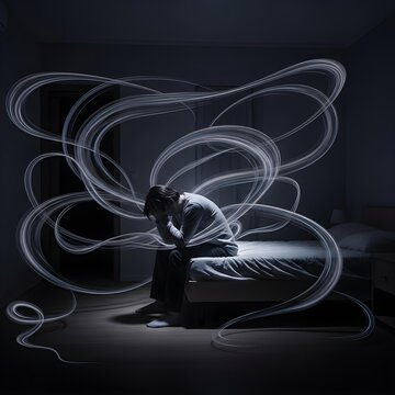 In the Dim Glow: A Lonely Figure Amidst Swirling Abstract Patterns, Echoing the Unending Turmoil and Silent Desperation of Insomnia