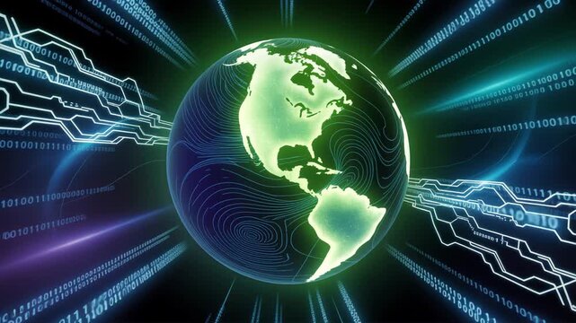 Glowing green earth globe with digital data streams and binary code on dark background world planet