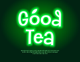 Vector Neon Advertisement Good Tea. Glowing Font. Led Illumination Alphabet Letters and Numbers set. 