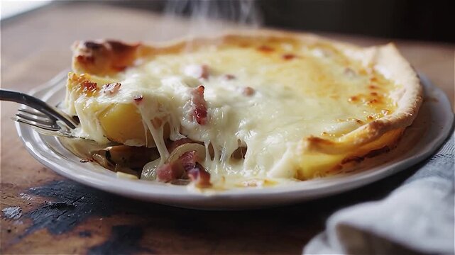 ros plan app&eacute;tissant d&rsquo;une tarte sal&eacute;e chaude garnie de fromage fondu et de lardons, servie dans une assiette rustique sur une table en bois avec une fourchette.