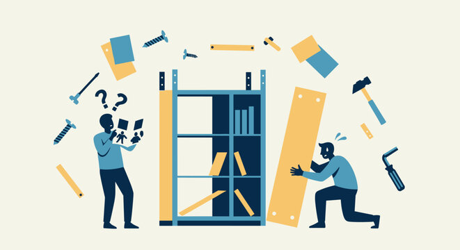Couple struggling to assemble furniture with tools and instructions in cartoon illustration with copy space