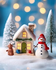 Obraz premium Winter wonderland scene with snowman and house festive decoration cozy atmosphere indoor setting photography