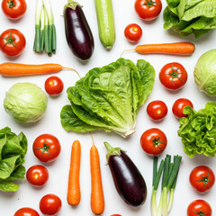 Overhead shot of fresh vegetables including tomatoes lettuce carrots and eggplants neatly arranged