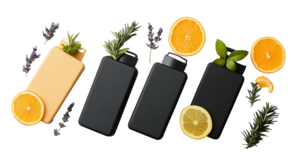 Car air freshener bottles with citrus and herbs on Transparent Background