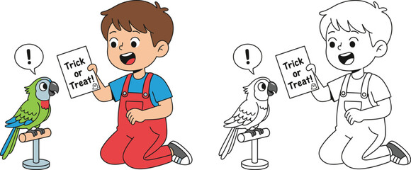 Boy Showing "Trick or Treat" Sign to Parrot - Fun Halloween Coloring Page © AbuNazam