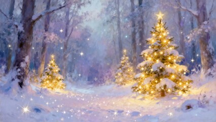 Glowing christmas trees with warm lights in a snowy forest, sparkly stars on the path in the foreground and misty pines in the background, golden star toppers shining, magical festive atmosphere