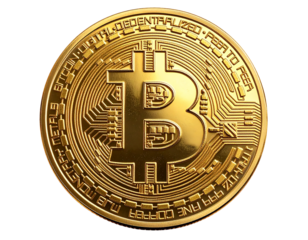 Golden Bitcoin Coin Front View, Isolated on Transparent Background