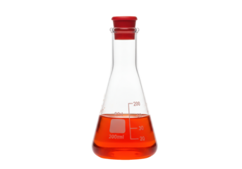 Isolated Erlenmeyer flask filled with chemical solution under red cap for chemistry experiment