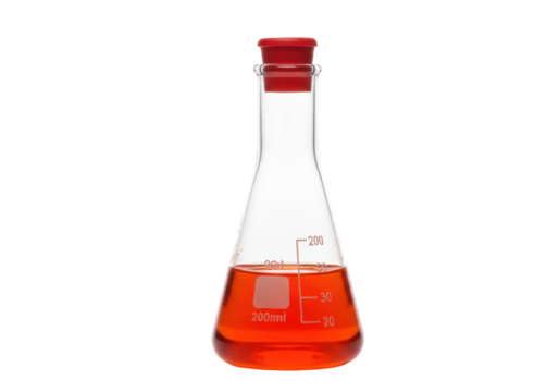 Isolated Erlenmeyer flask filled with chemical solution under red cap for chemistry experiment