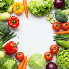 Overhead shot of fresh vegetables including peppers tomatoes and lettuce on white background