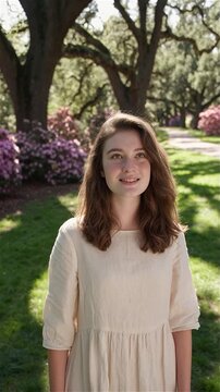 Jeune femme souriante dans un parc fleuri